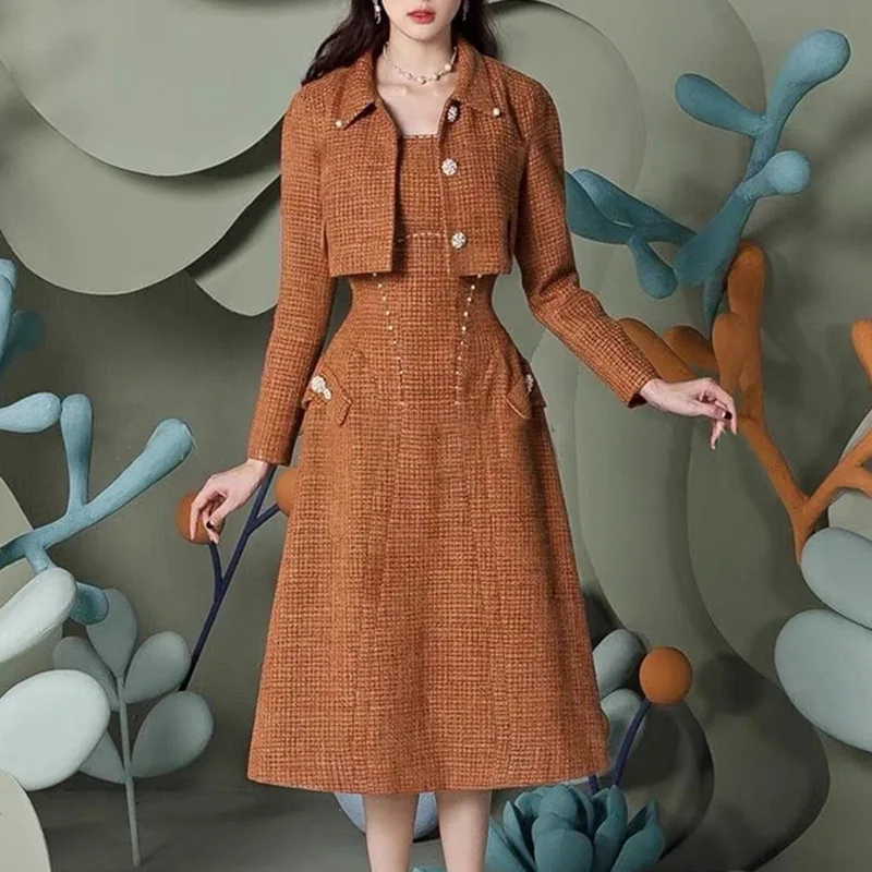 

2022 Autumn Ladies' Dress Set New Socialite Elegant Outfits Slim-Fit Tweed Casual Coat Suspender Dress Two Piece Set for Women