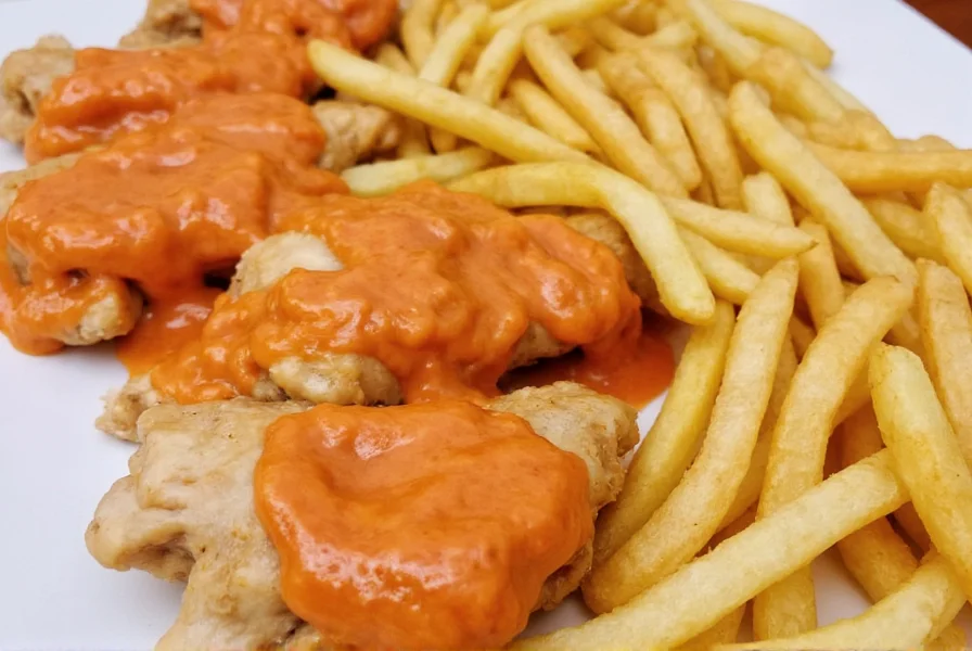 Homemade creamy pepper sauce drizzled over chicken strips and french fries
