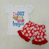 

RTS baby girls boutique clothing sets baseball print short sleeve ruffle shirt design summer kids children clothes outfits