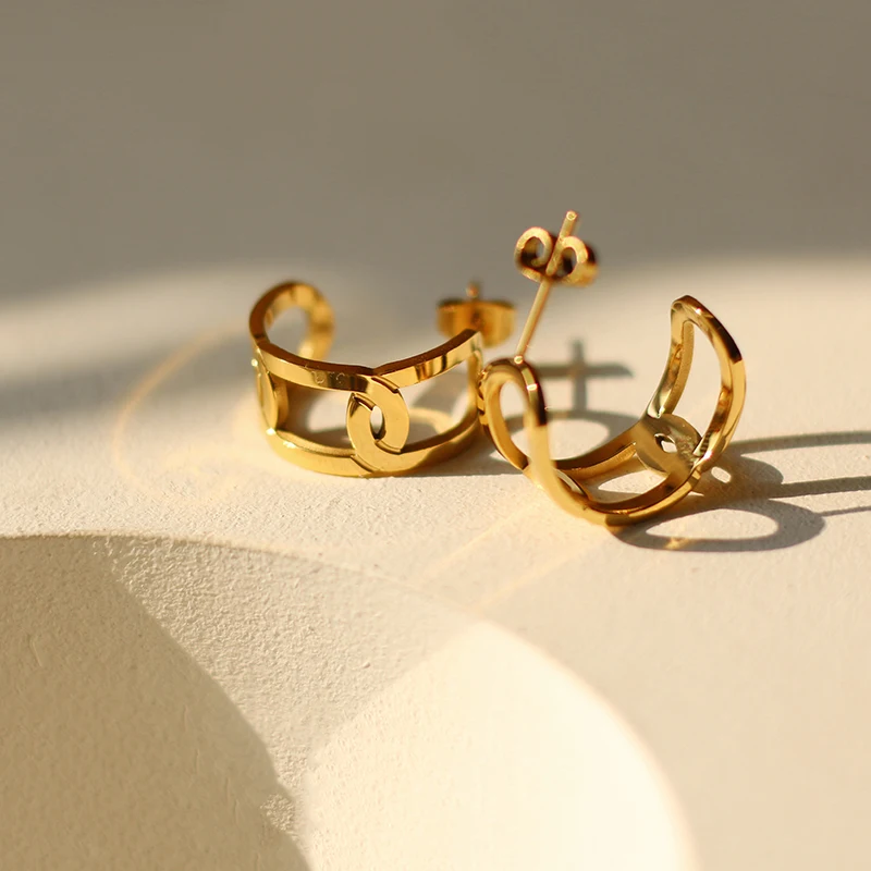 

Fine Statement Hollow C Shaped Earrings Stainless Steel Aretes 18k Geometric Earrings Gold Plated Cuban Chain Hoop Earrings, Gold/silver/rose gold/black