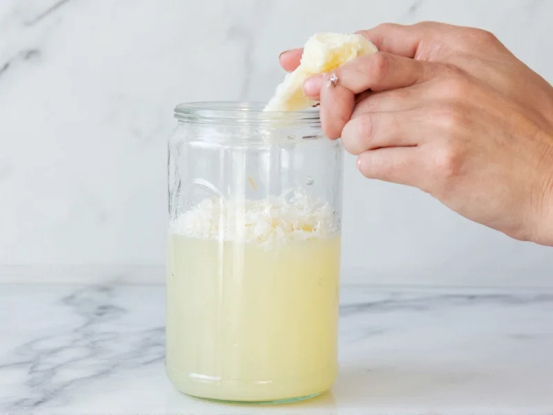 Homemade washing liquid in glass dispenser with soap flakes