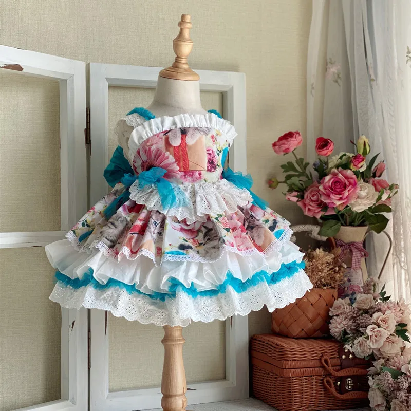 

121108 summer flower floral vintage baby girls' spanish dresses for kids clothing ruffles wholesale children clothes boutiques