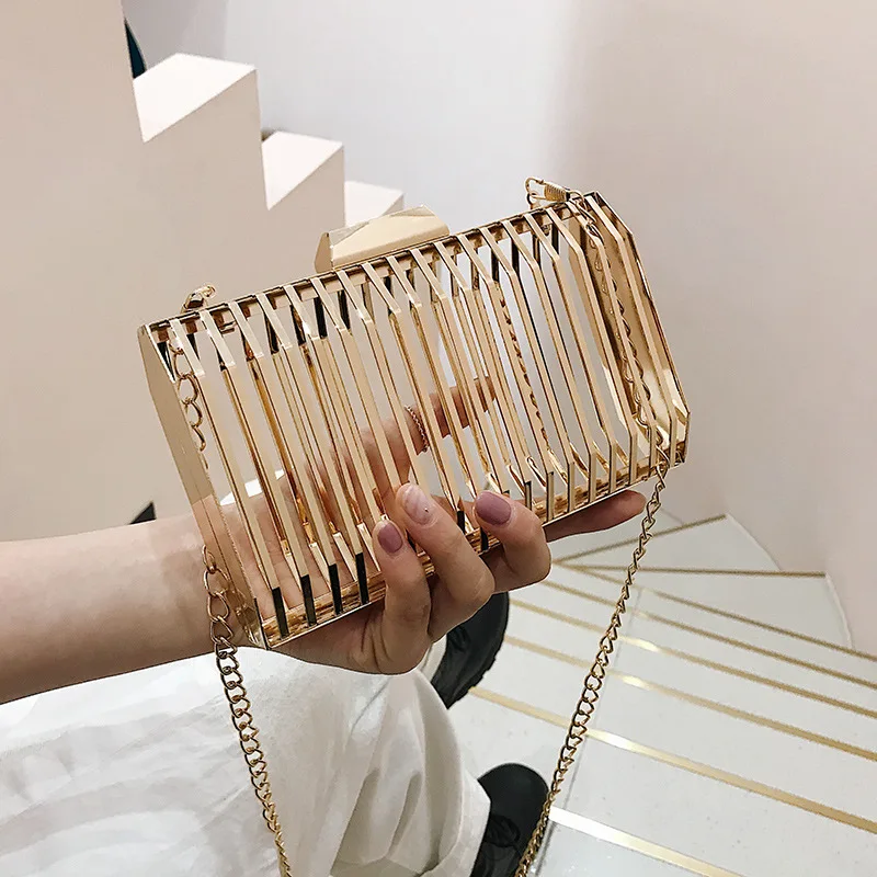 

2020 Wholesale Trendy Luxury Hollow Out Phone Bag Chain Women Shoulder Messenger Bags Clutch Bag, Gold