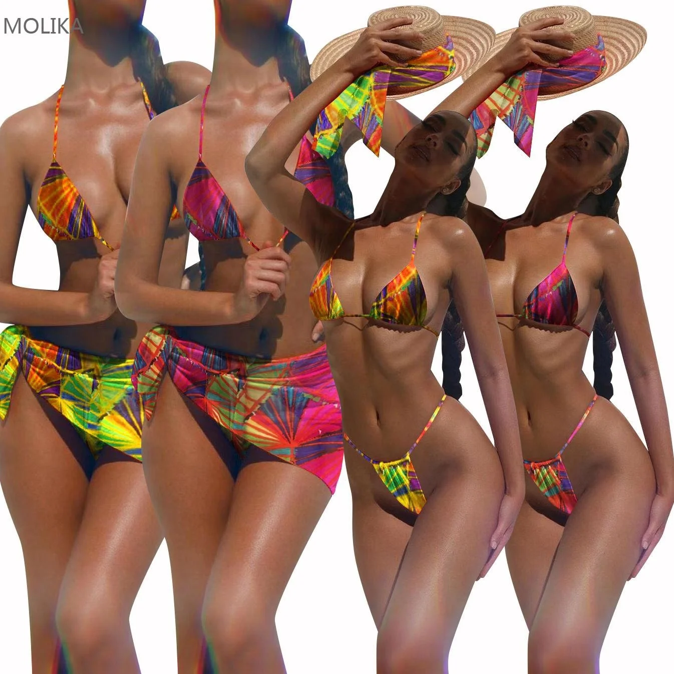 

2021 Hot selling neon clothing printed with turban bikini 3 piece swimsuit beachwear fashion swimsuit for summer