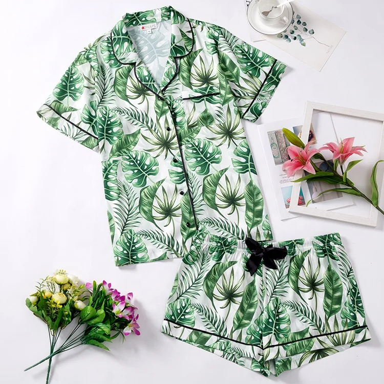 

Latex Teenage Comfy Female Homewear Sleep Wear Set Butt Flap Summer Print Polyester Satin Pajamas, Customized color