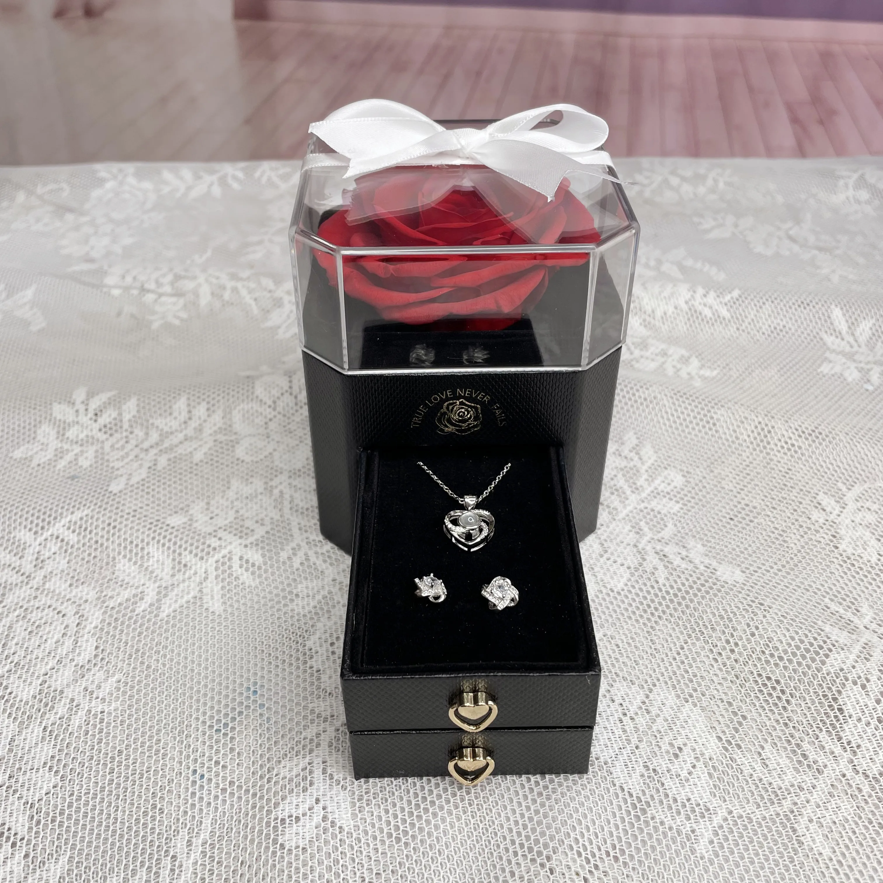 

Hot Selling Preserved Roses In Acrylic Jewelry Gift Box With Drawer For Valentine's Day