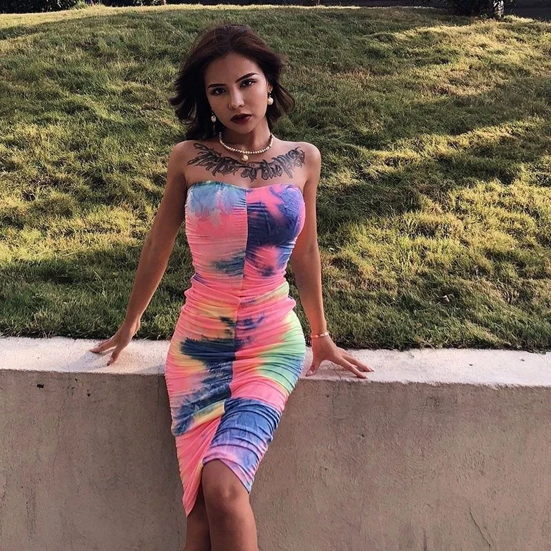 

Women's Tube Top Dress Sexy Colorful Pleated Midi Skirt .