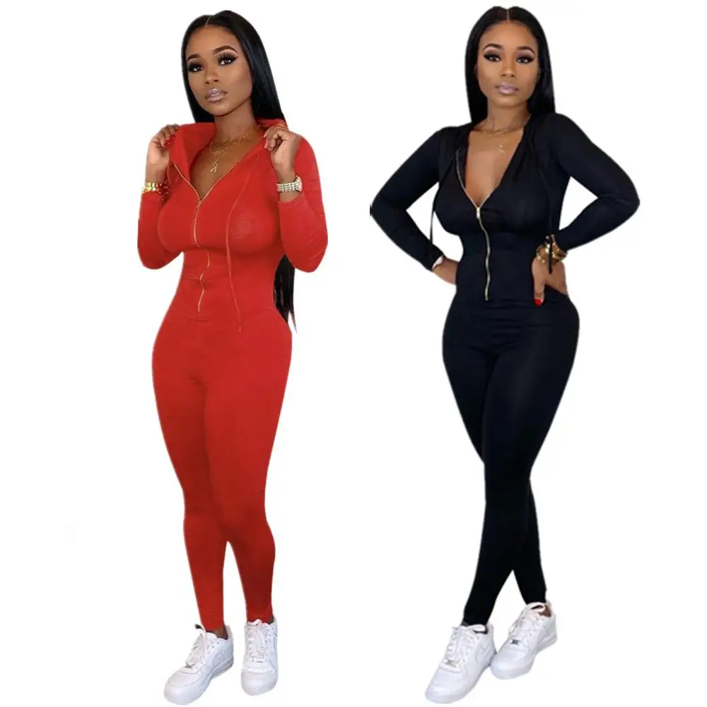 2019 Fashion Women Sexy Bodycon Jumpsuit Black Red Solid Colors Rompers Womens Jumpsuit
