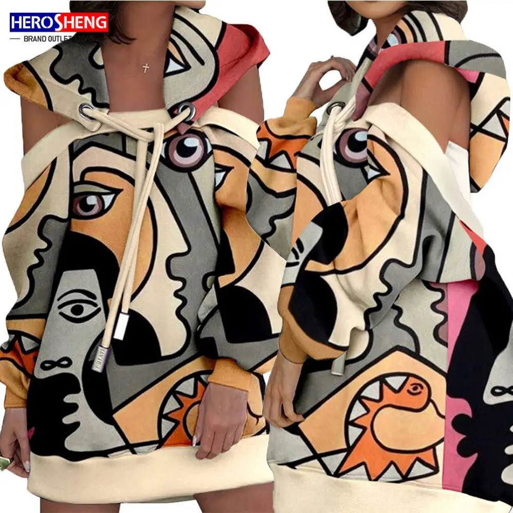 

New Arrival Cartoon Printing Fall Dresses for Women Off Shoulder Bandage hoodie dress