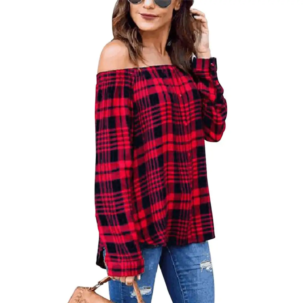 

Free Shipping Plaid Sexy Strapless Long-sleeved Single-row Button Oversize T-shirt, Red/black