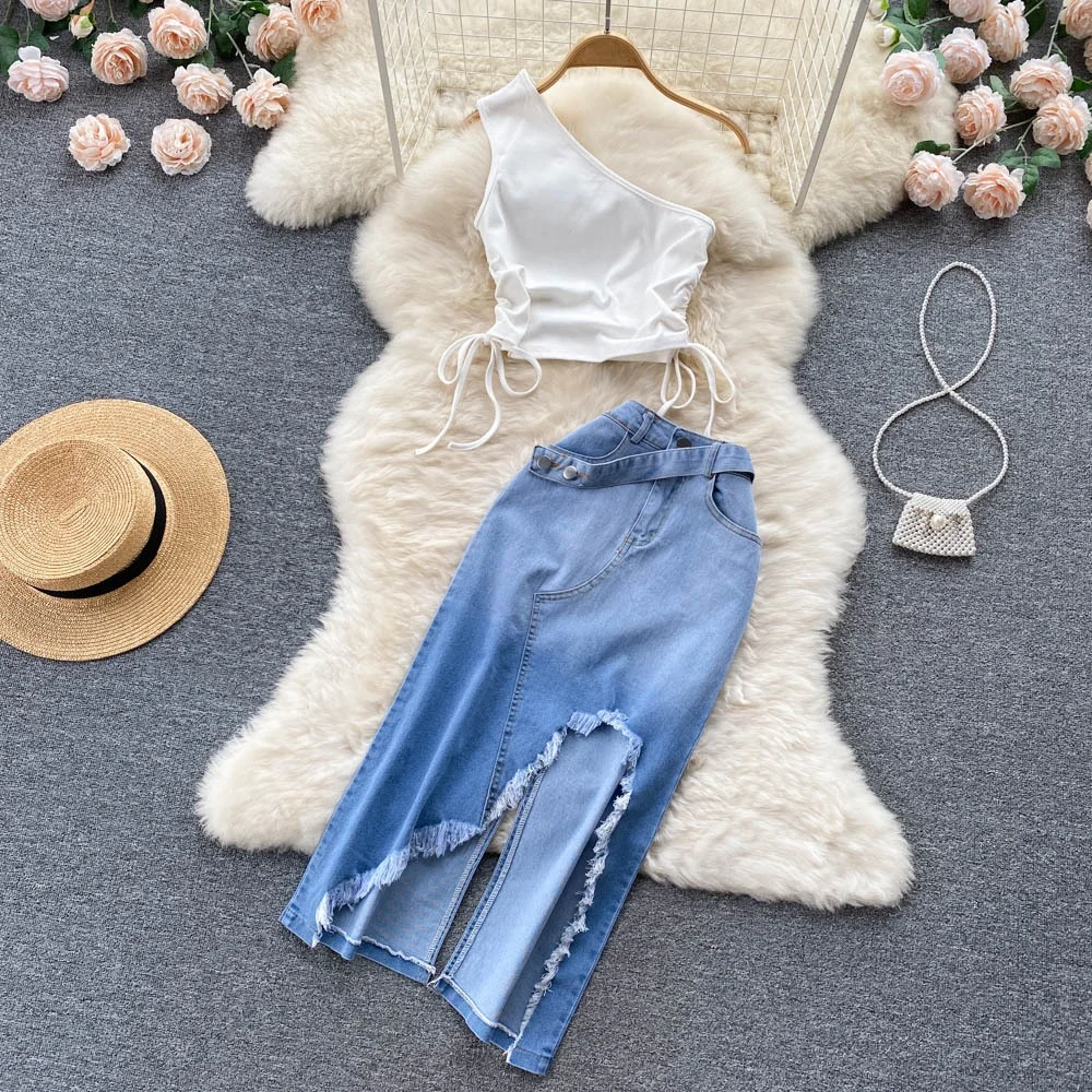 

2Piece Set 2024 Summer Women'S Short Tank Top Pleated Lace Up Vest Irregular Split Denim Skirt Two-Piece Set