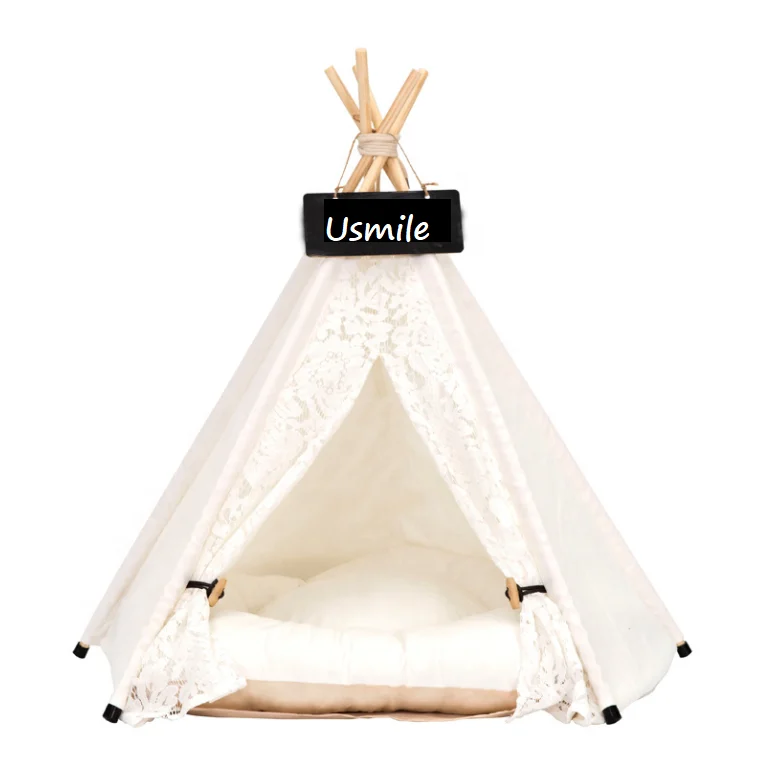 

Hot Sale Luxury Fashion Portable Washable Cotton White Lace Style Cat Play House Pet tent Bed Dog Teepee