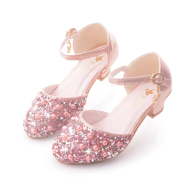 

Wholesale Children's High Heels Princess Shoes Fashion New Girls Pearl Bright Diamond Crystal Shoes