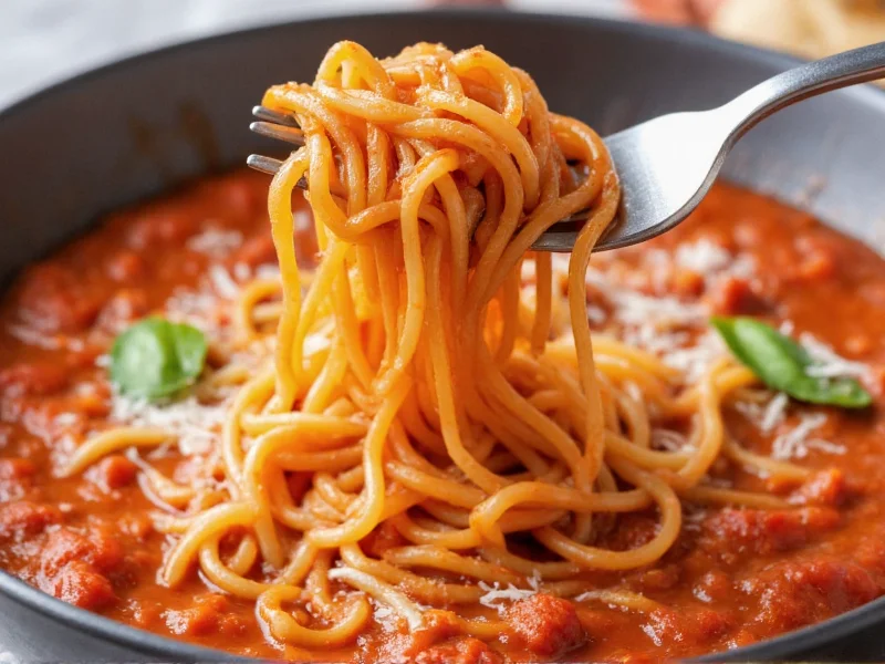 Thick spaghetti sauce coating pasta fork