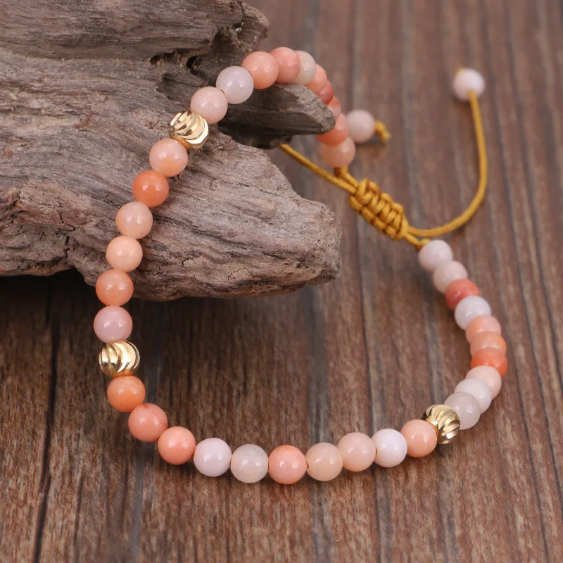 

4mm Natural Stone Strand Beaded Bracelet Yoga Healing Pink Quartz Aventurine Rose Crystal Copper Beads Braided Bracelets(KB8460), As picture