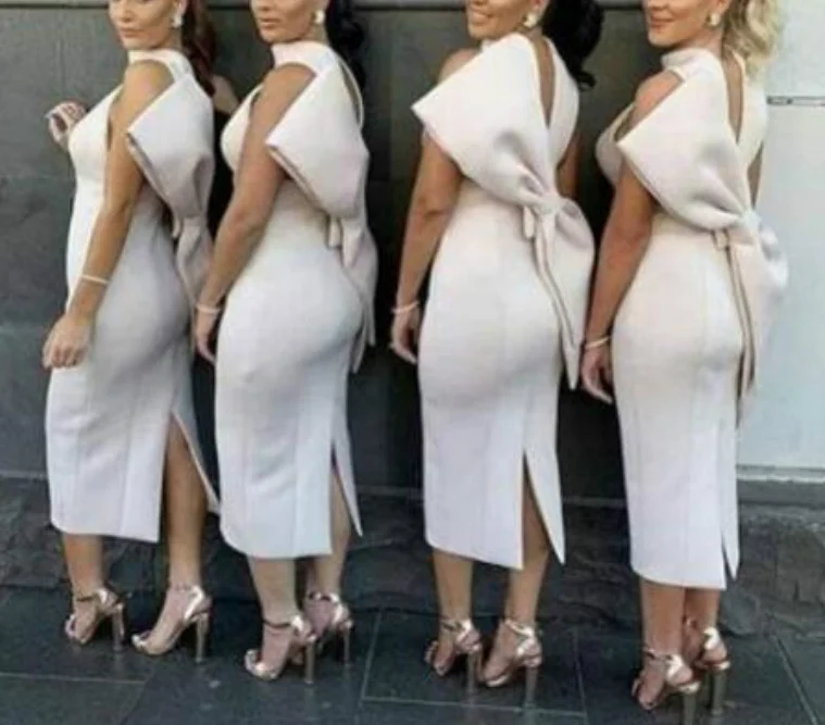 

Sexy Split Sleeveless Bridesmaid White Back Big Bowtie Lady Club Dress