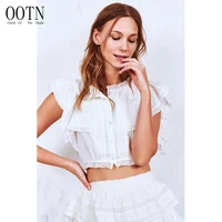 

OOTN 2020 New Arrivals Summer Button Down Lace Ruffle Sleeveless White Blouse Women High Waist Pleated Skirt Two Piece Set Dress
