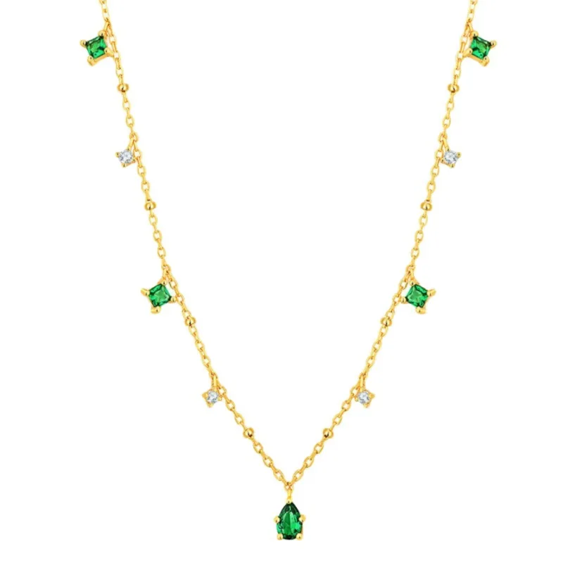 

Wholesale elegant old fashion retro emerald necklace S925 sterling silver plated clavicle chain necklace women