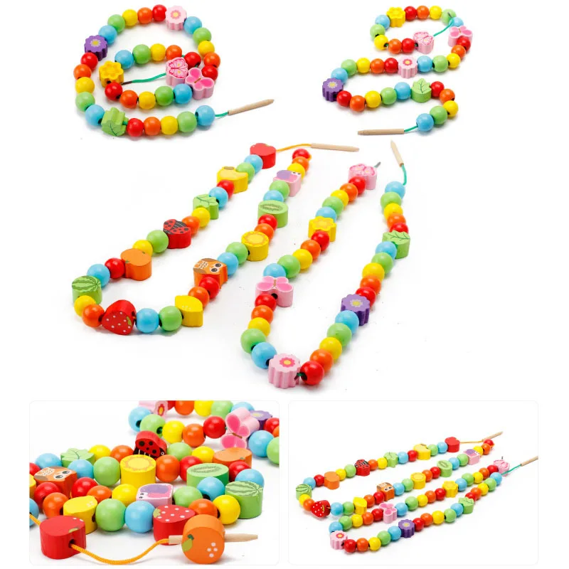Wooden Lacing Toys Fine Motor Skills with Fruit and Vegetable Beads Threading Wooden Educational Stringing Toy