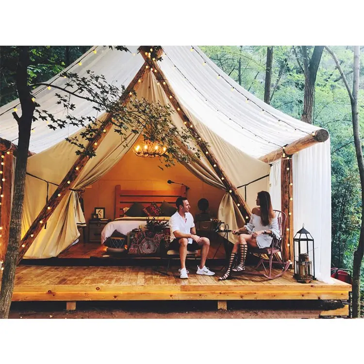 

2020 New design luxury wooden TeePee Glamping Resort bell tents Indian outdoor waterproof wedding tent canvas tents, White, customized color.