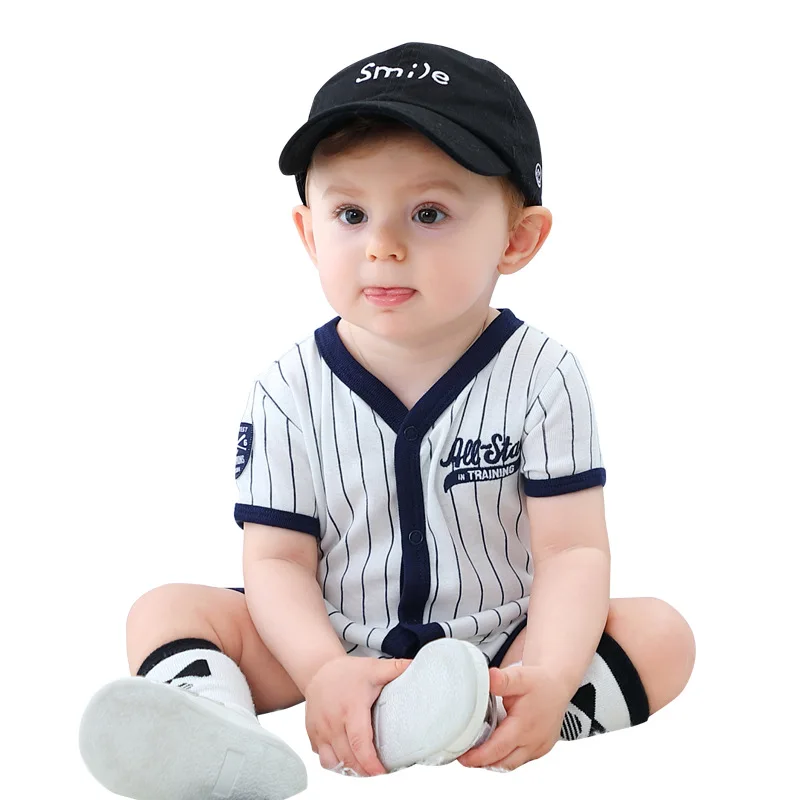 

Custom Logo Summer Rompers Baby White Stripped Button Up Jumpsuit 100% Cotton