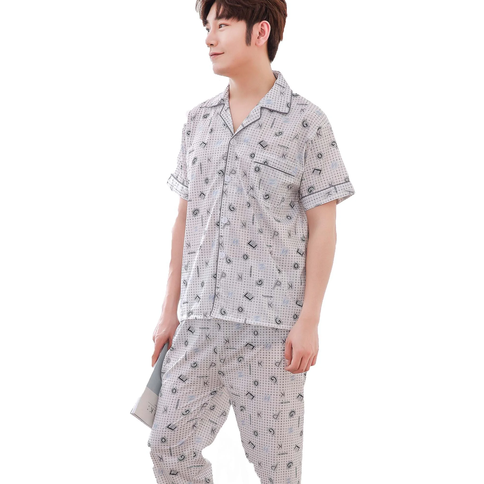 

Korean Style Men's Pajamas Set Short Sleeve Long Pants Sleepwear Sir Papa Cotton Night Sleep Pajamas, 4 color/customized