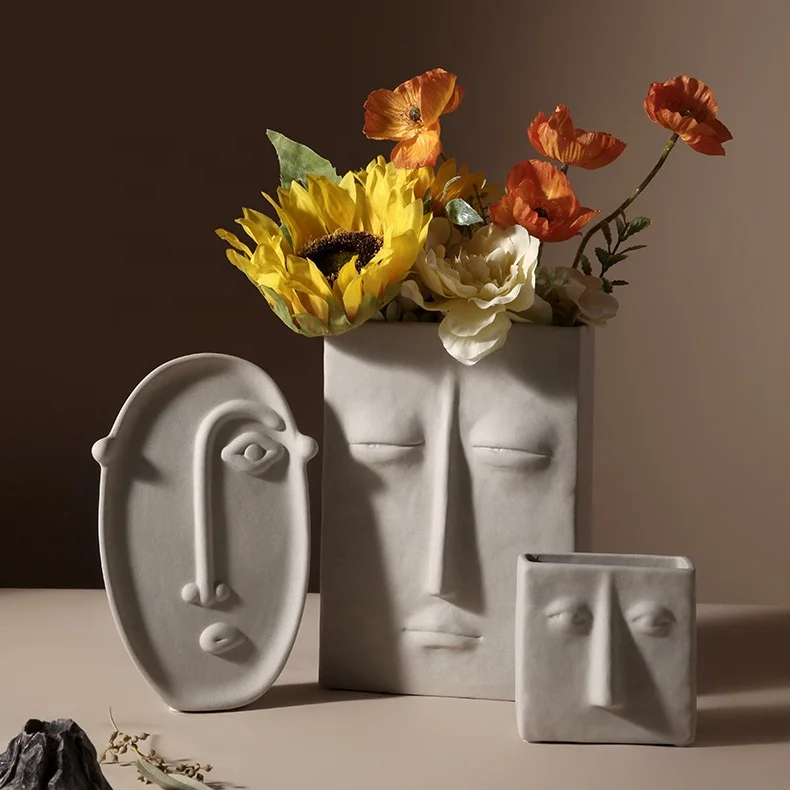 

drop shipping Amazon Nordic INS simple creative ceramic vase dry flower art face flower living room home soft decoration vase, Yellow/orange/red