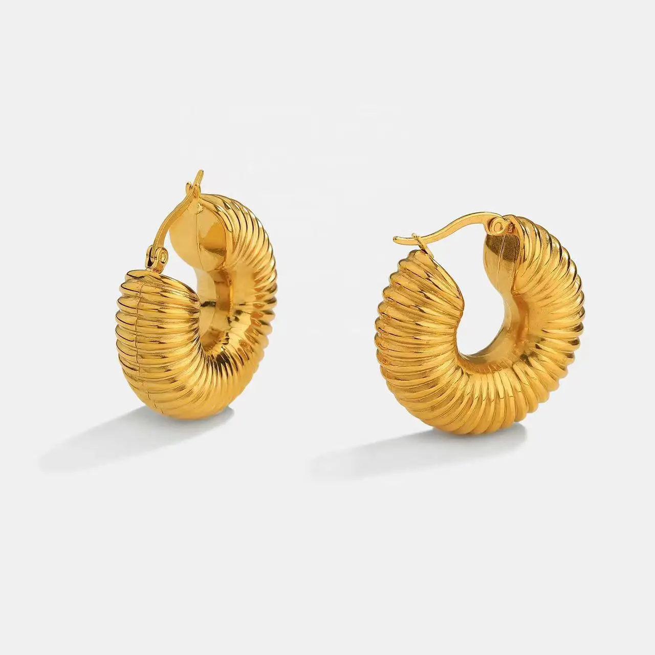 

Stainless Steel Jewelry Pvd 18k Gold Plated C Shaped Chunky Thick Gold Hollow Out Croissant Dome Spiral Hoop Earrings