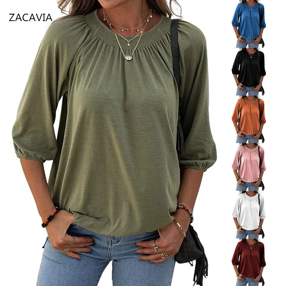 

ZACAVIA Autumn 2021 Crew Neck 3/4 Sleeve T-shirt Women's Loose Casual T-shirt Women Top Casual Solid Color T-shirt