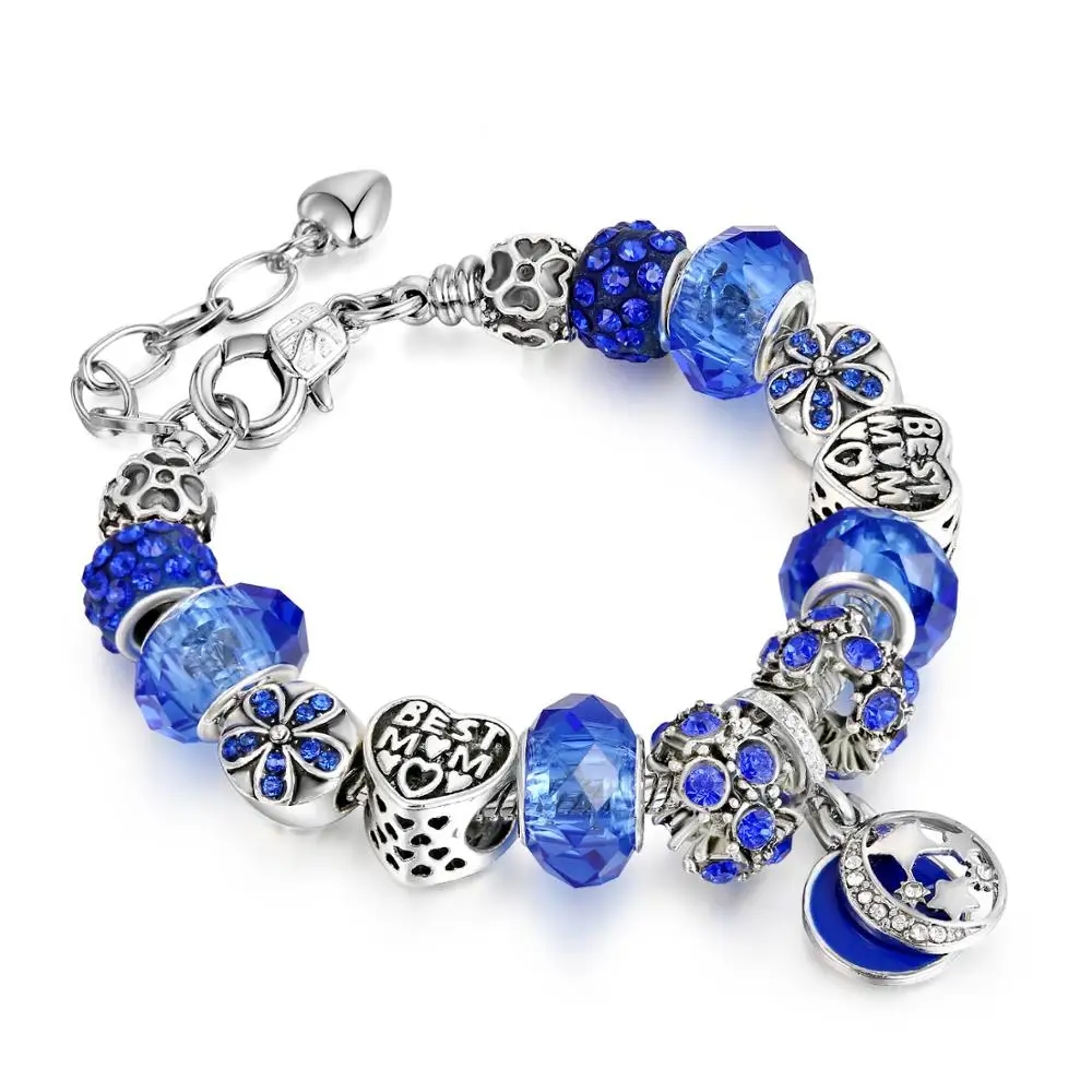 

DIY Alloy Sapphire Blue Crystal Glass Large Hole Beads Bracelet Girlfriend Birthday Gift Charm Bracelet, As picture