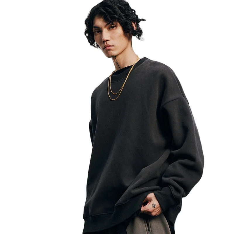 

men's 350g autumn winter new oversized Plush thick solid loose off shoulder round neck sweater Men's Hoodie