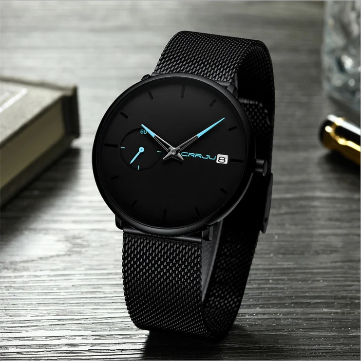 

CRRJU Fashion Top Brand Mens Watch Luxury Quartz Watch Men Casual Slim Mesh Steel Waterproof Sport Watch
