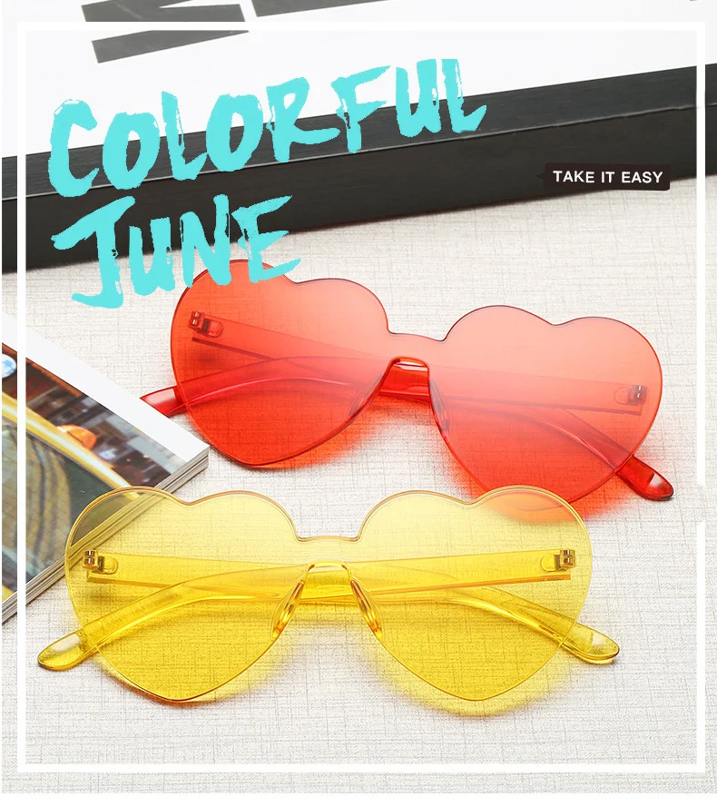 

Love Heart Shape Sunglasses Women Rimless Frame Tint Clear Lens Colorful Sun Glasses Female Red Pink Yellow Shades Travel