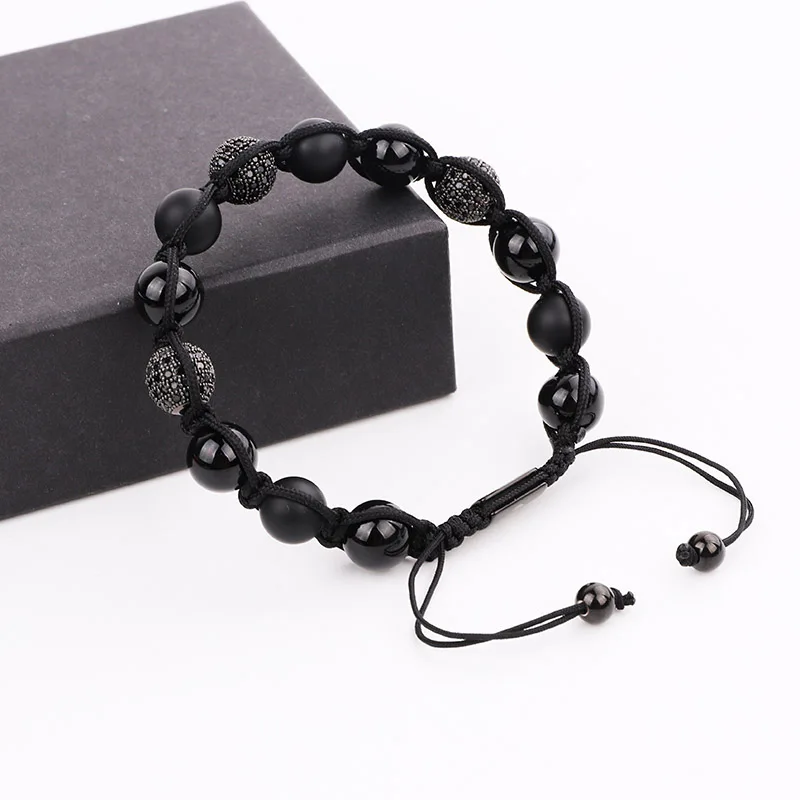 

Jewelry Factory Making New Design 10mm Natural Stone Handmade CZ Ball Braided Adjustable Bracelet Men With Custom Logo