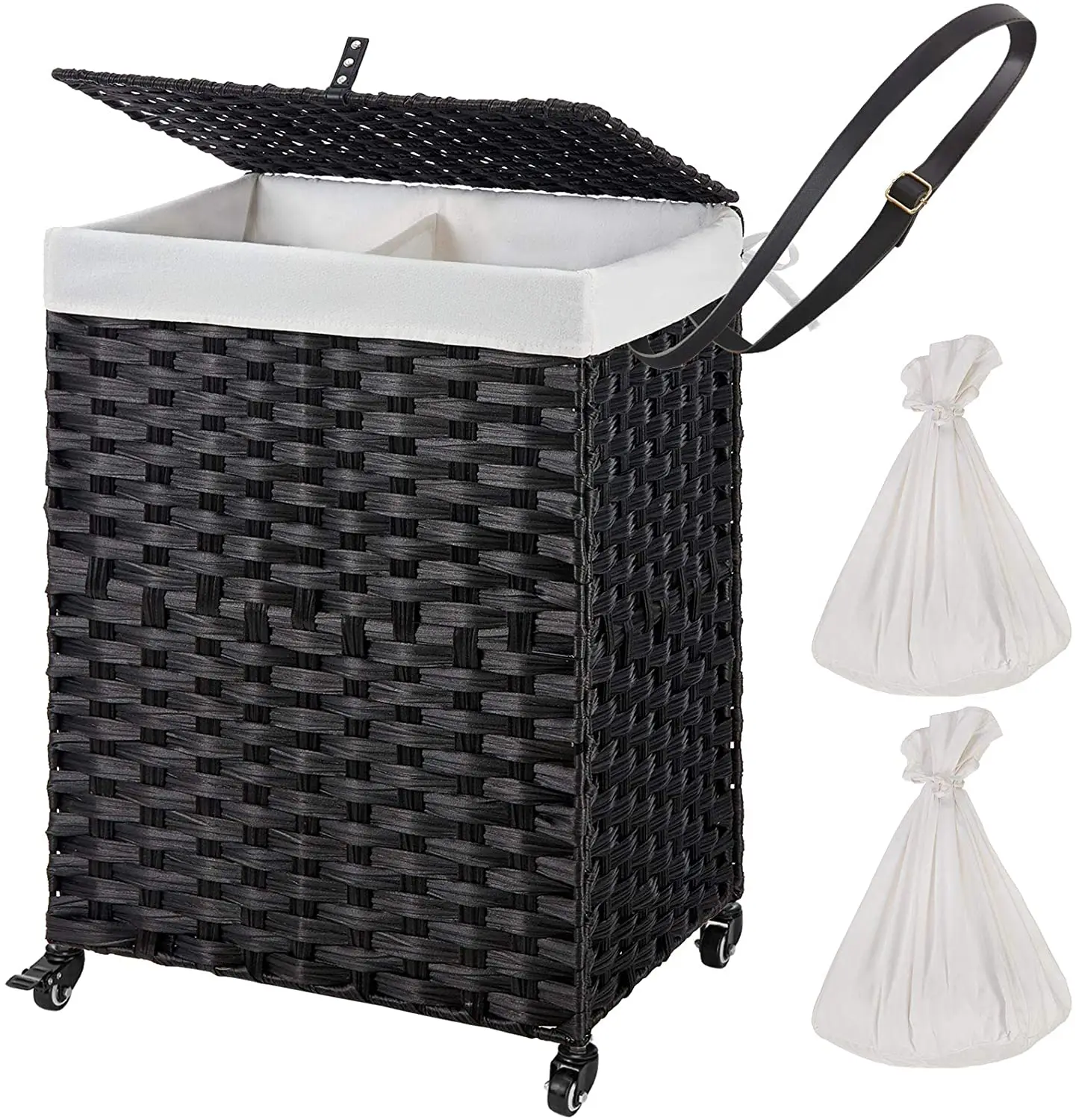 

Laundry basket on wheels and 2 removable lining bags, synthetic cane laundry basket, folding, easy to install white