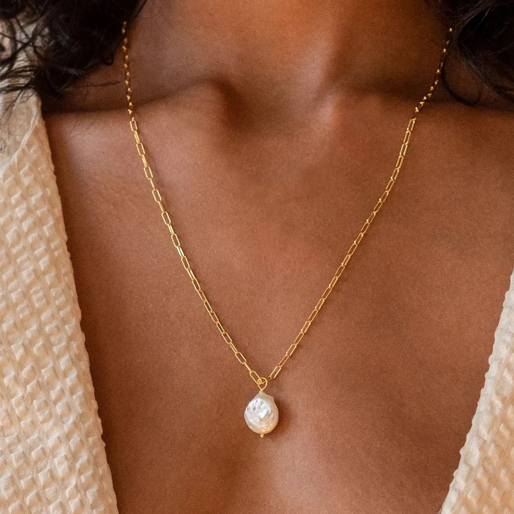 EManco Trendy Rectangle Link Chain Chic Freshwater Pearl Pendant Necklace Stainless Steel Gold Color Jewelry