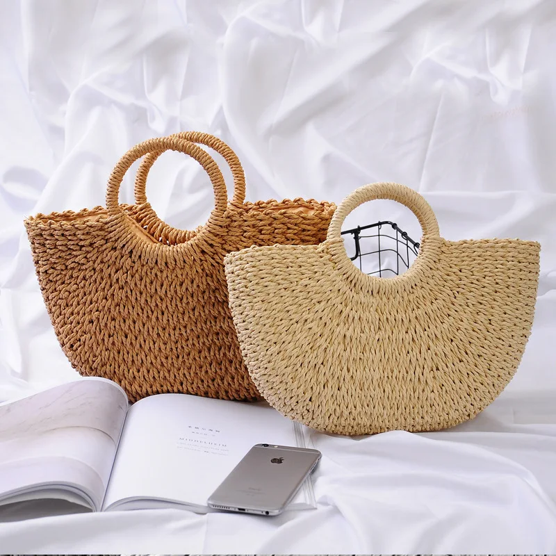 

Handmade Rattan Beach Bag Straw Weave Half Moon Tote Round Mulit Style Straw Bag Handbags, Customizable