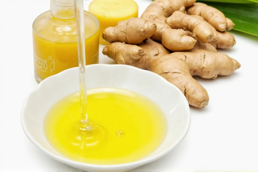 Fresh ginger slices steeping in golden olive oil in glass jar with herbs