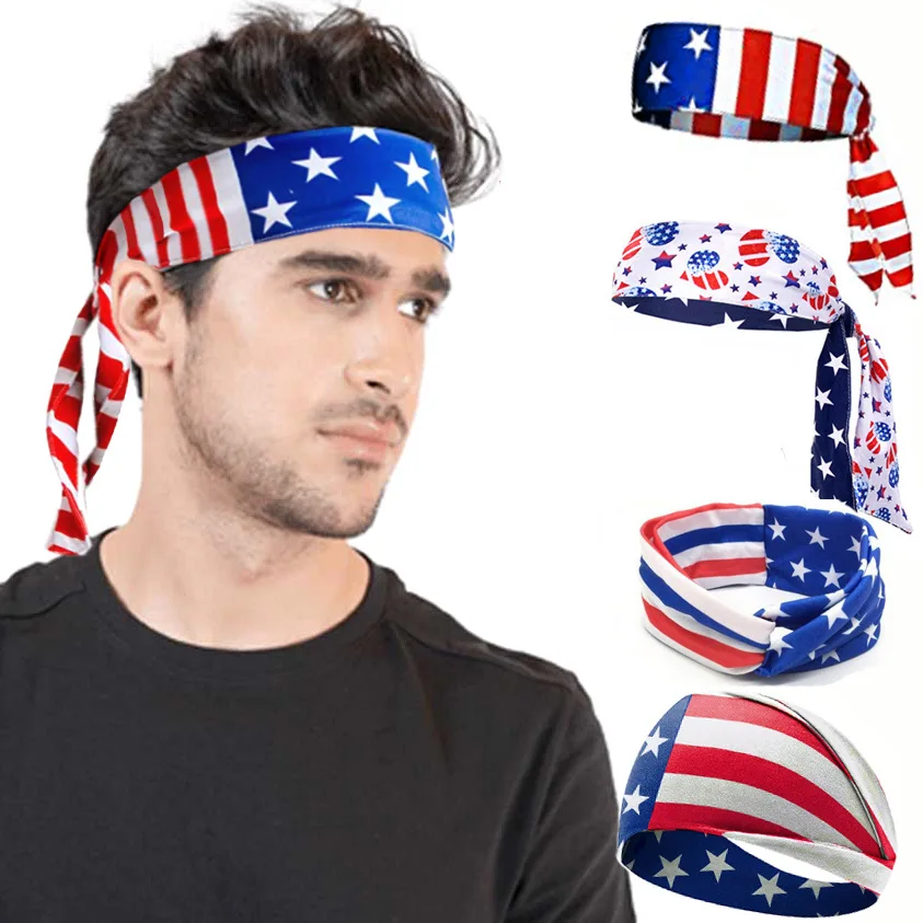 

MIO New Arrival American Flag Headband Elastic Sports Headband Cross Knotted USA Flag Print Sweatband Hairband For Men Women