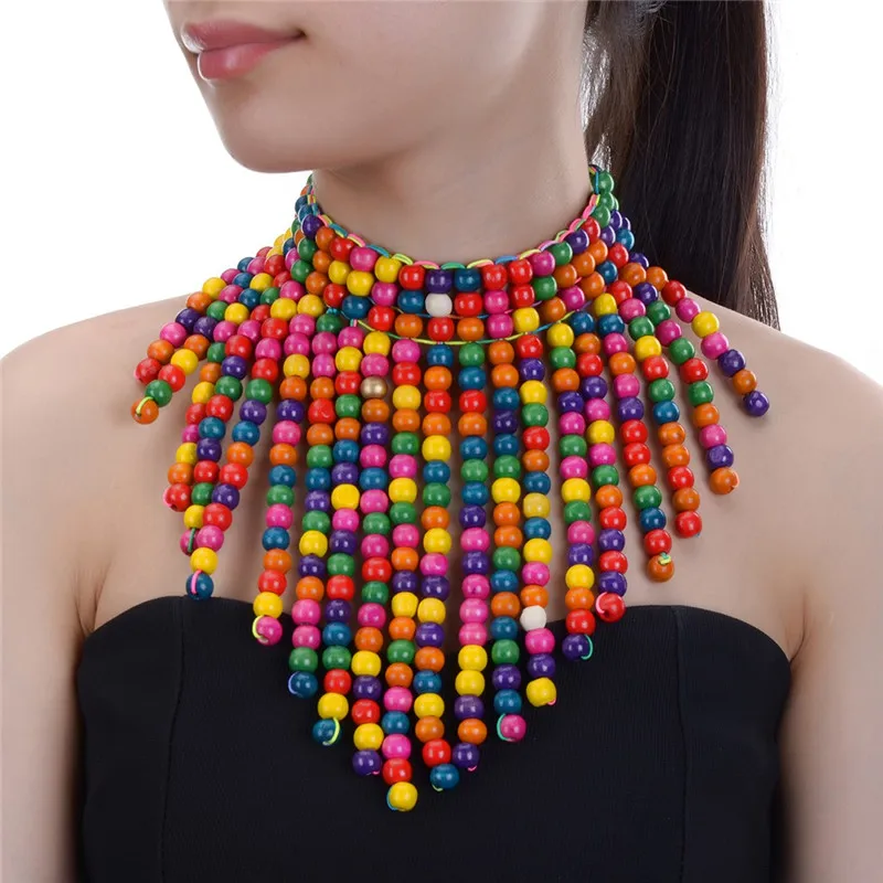 Bohemia Wooden Beaded Necklaces For Women Statement Multicolor Beads Long Pendant Tassels Bib Choker Necklace Handmade Jewelry, Black, multicolor, pink , gold , grey,red, blue, yellow