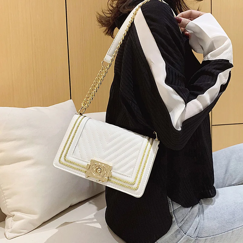 

GW Ready for shipment Fashionable diamond chain bag single shoulder diagonal stitching color quality PU leather bags, Customizable