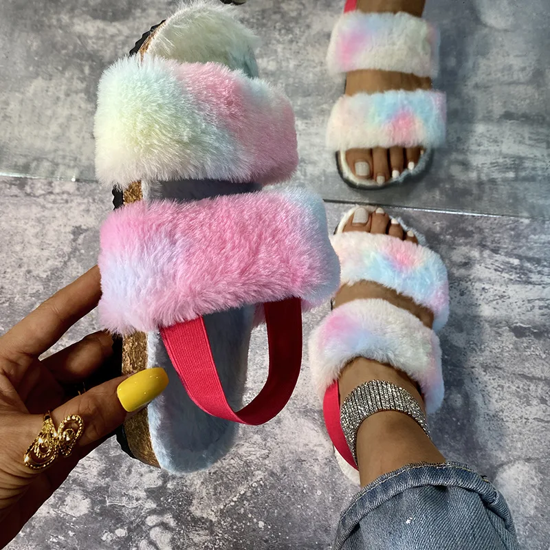 

Wholesale sandals shoes women 2020 Fashion Design Flat Shoes Ladies Sandal Faux Fur Fuzzy Furry Slippers for Women, Blue, rainbow, leopard, beige leopard