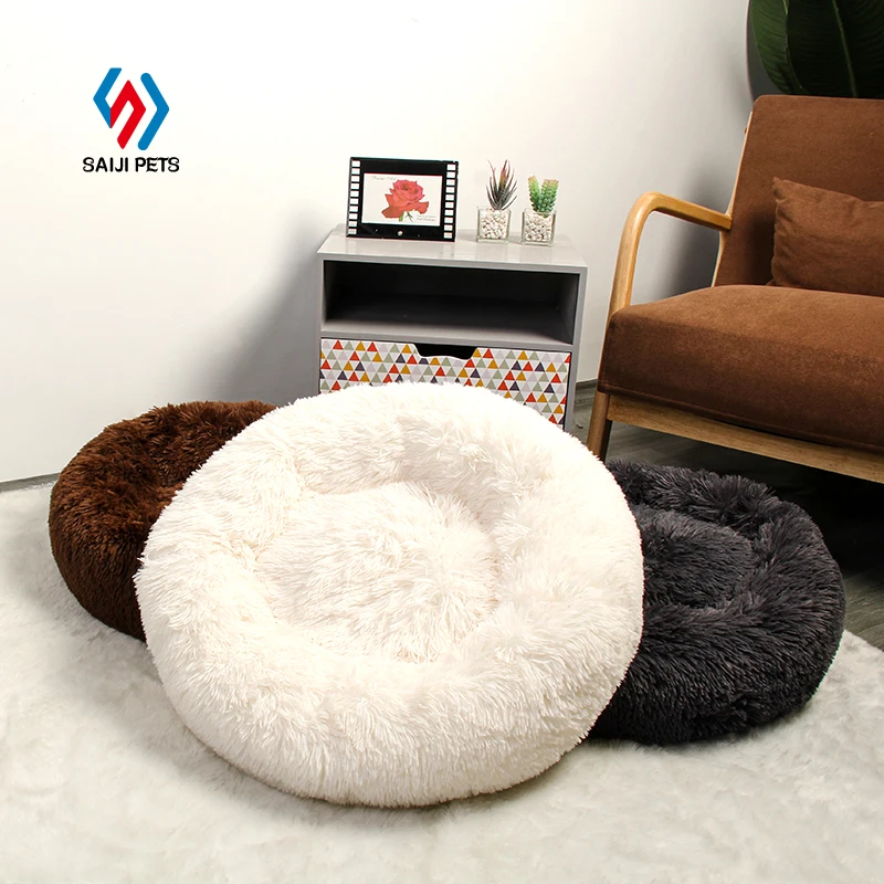 

Saiji outdoor deluxe donut plush pet cat bed super soft warm fluffy calming dog bedding cushion for sale, Colorful, customized color
