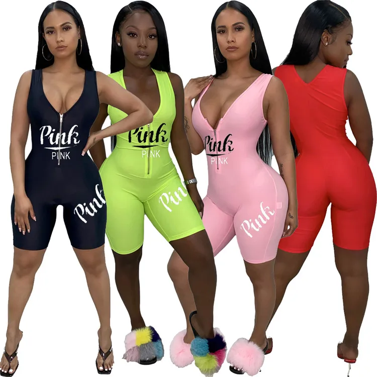 

2021 Sexy One Piece Short Tracksuit Skinny Rompers Sleeveless Cozy Letter Print Zipper Summer Women Vest Jumpsuits, Picture