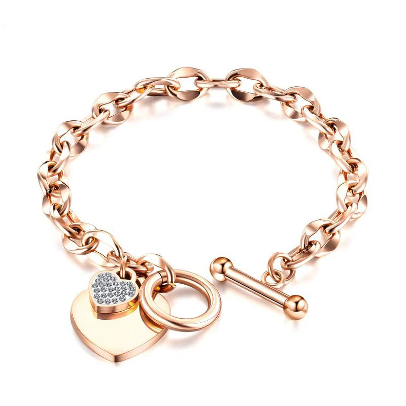 

Stainless Steel Love Heart Bracelets For Women Fashion OT Buckle Titanium Steel Charm Bracelets Wholesale Custom Logo Bracelet, Rose gold, silver, gold