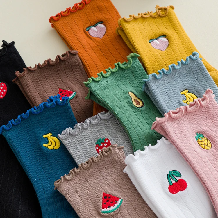 

Super New Ruffled Cute Women Socks Cartoon Fruit Avocado Bbanana Watermelon Strawberry Cherry Pine apple autumn Fashion Socks, Green,black,white,yellow,pink