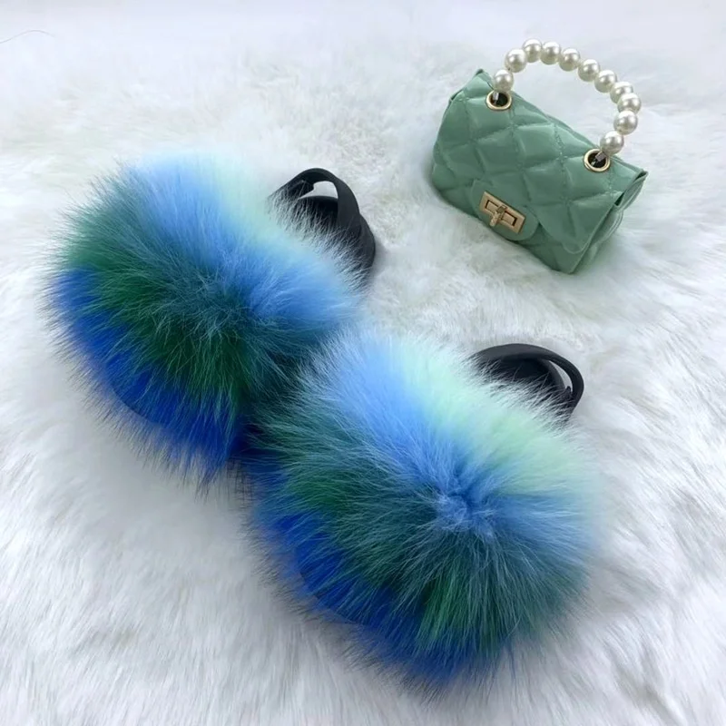 

Fashion Wholesale Child Toddler Fur Slides And Jelly Bag Custom Fluffy Real Fox Kids Fur Slides With Purse Set, Customized color