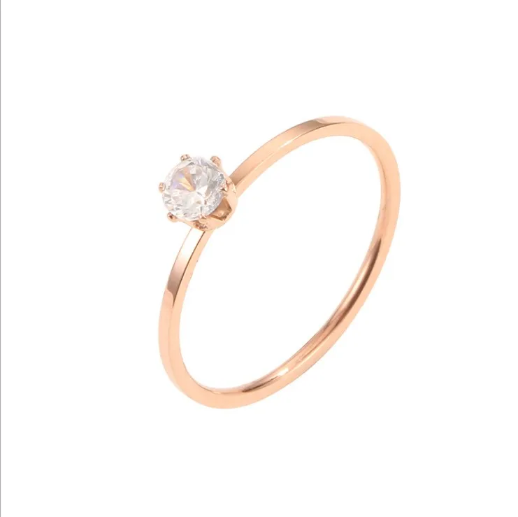 Custom Engrave Minimalist Designs Rose Gold Plated Stainless Steel CZ Solitair Diamond Ring