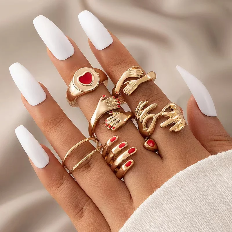 

Enamel EPOXY Red Heart Shape Hand Nail Embrace Open Finger gothic knuckle Rings Jewelry Set