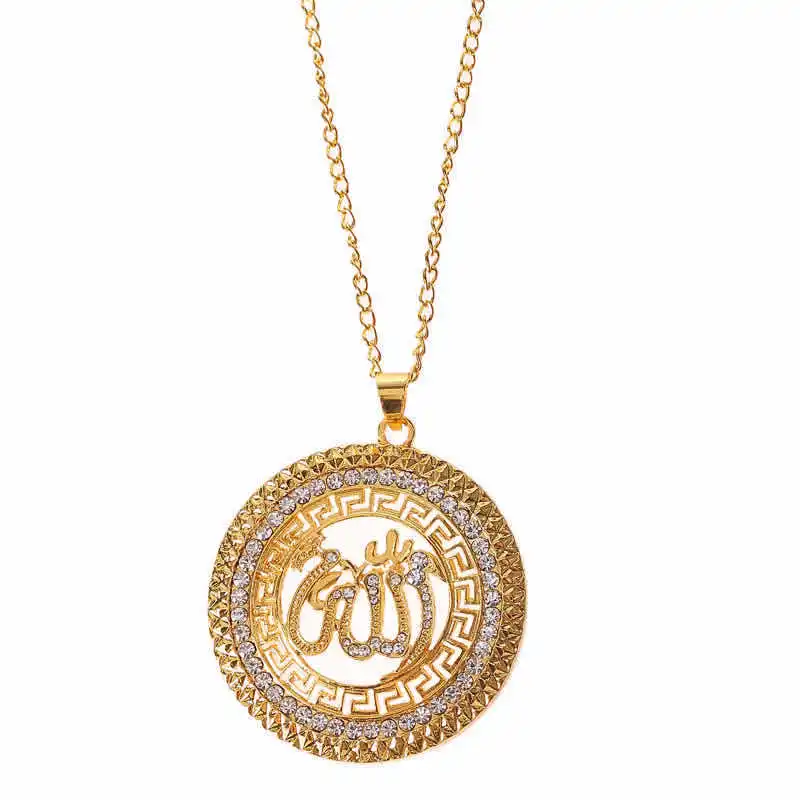 

Exaggerated Fashion Jewelry Muslim Islamic Religious Totem Necklace Round Micro Inlaid Zircon Allah Symbol Pendant Necklace
